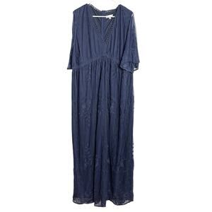 Hazel Blues Lace Overlay Maxi Dress Womens 4XL Navy V Neck Short Sleeve Boho
